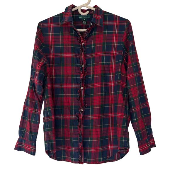 Lauren Ralph Lauren plaid button up ruffle front cotton academia preppy fall M - Picture 1 of 13